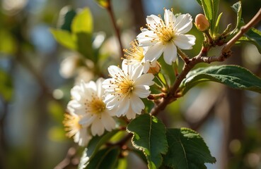 Close-up photo of blooming white flowers on tree branch. Delicate petals and yellow center detail plant. Nature spring summer concept. Botanical macro shot. Sunny daylight scene.
