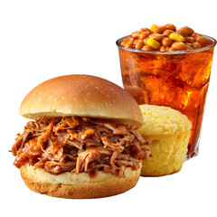 Delicious Pulled Pork Sandwich with Baked Beans, Corn Muffin, and Iced Tea