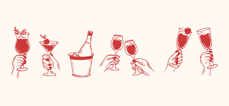 Set of hands hold glasses with wine or champagne. Cheers or drinking toast drawing. Line drawing of people celebrating. Vector illustration. 