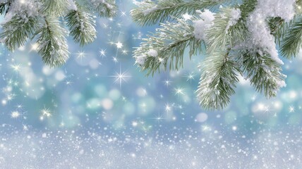 Snow covered fir branches with falling golden stars creating a magical winter holiday background