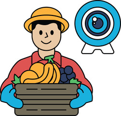 A man is holding a basket of fruits and vegetables