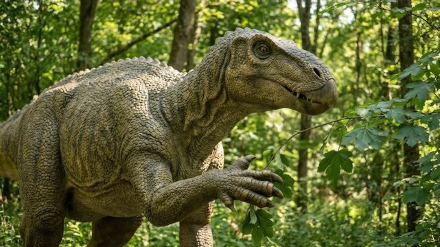 Iguanodon dinosaur model demonstrating a herbivore eating behavior among green foliage, representing prehistoric life and extinction in a natural forest setting