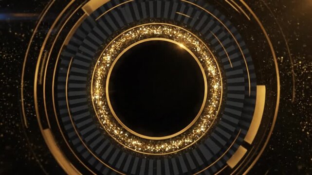 Luxurious gold rotating circles with sparkling particles, elegant abstract background for awards ceremony