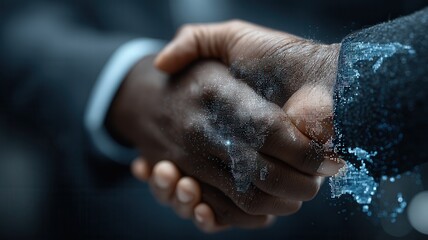 Businessmen shaking hands signifying global partnership, international agreement, collaboration and digital networking