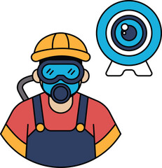 A man in a diving suit is wearing a gas mask and goggles