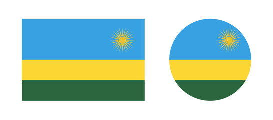 National Rwanda flag rectangular, round flat button, badge, icon collection. Set of Flags of Rwanda in rectangle, circle shape.
