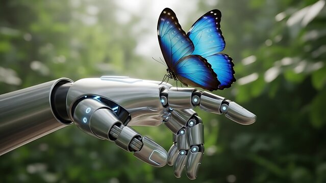 Blue butterfly resting on a metallic robotic hand in nature