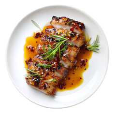 Succulent Glazed Pork with Honey Drizzle on White Plate