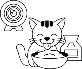 A cat is sitting in a bowl of food and licking its tongue