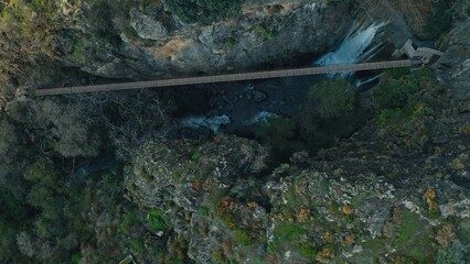 Drone panoramic mountains landscape aerial view of Sierra Nevada in Europe Spain canyon green cliffs high rocks long bridge river waterfall inspired summer nature outdoors traveling outdoor travel