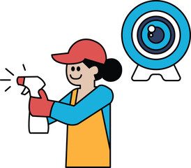 A woman is cleaning a room with a spray bottle