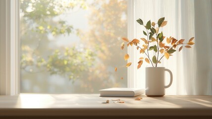 Fototapeta premium Autumn branches with falling leaves in a ceramic mug, a book, and warm sunlight on a window sill