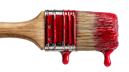Stunning close up of a professional paintbrush dripping vibrant red paint against a dramatic black background isolated on transparent background