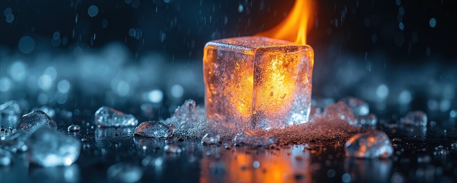 Burning ice cube sits on wet ground amidst frost and rain. Fire erupts from within transparent block. Contrasting elements create abstract, dramatic visual.