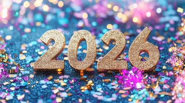 Rose gold glitter numbers 2026 standing on snow with golden confetti falling, sparkling bokeh lights and party decor - Powered by Adobe