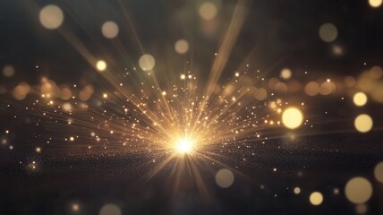 Golden sparks flying, creating a luminous trail with sparkling particles and soft bokeh lights