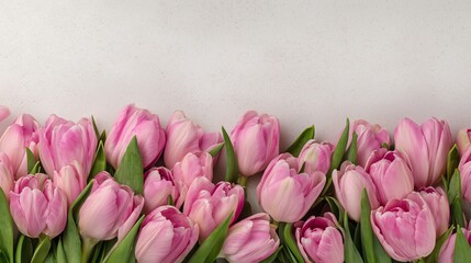 Obraz premium A breathtaking, super realistic top view of a lush, vibrant bunch of lovely pastel pink tulips, arranged meticulously to form an exquisite floral border along the bottom and sides of the frame. 