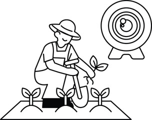 A man is planting a seedling in a garden
