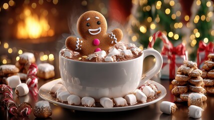 Gingerbread man cookie bathing in hot chocolate with marshmallows and candy canes for winter holiday cheer