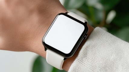 Person wearing smartwatch with blank screen, tracking health or fitness activities, checking notifications and time