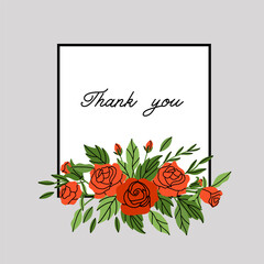 Rose square frame. Red flowers and green leaves. Decorative elements, spring summer elegant elements. Bouquet with blossom. Botanical decoration for poster. Vector cartoon flat isolated illustration