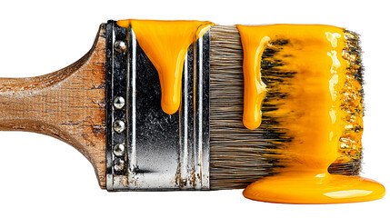 Vibrant yellow paint drips dramatically from a coarse bristle brush against a stark black background isolated on transparent background