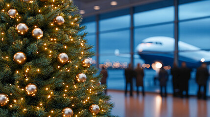 A Christmas tree with golden balls and garlands at the airport. In the background, there is a large window with a plane and people in the background. Christmas, travel, airport.