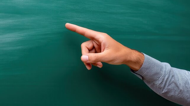 Person's hand pointing index finger, showing direction and providing copy space on a blank green background - Powered by Adobe