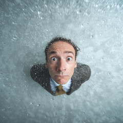 Businessman in a suit stands in water with a surprised expression, bubbles surrounding him in an unusual setting during daylight