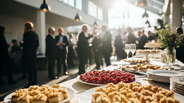 Elegant corporate event with professional attendees networking and enjoying a buffet in a bright modern venue