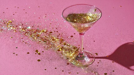 Golden glitter in martini glass on vibrant pink background for party celebration.