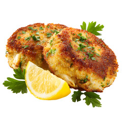 Exquisite Presentation of Two Golden-Brown Gourmet Crab Cakes with Stunning Visual Appeal