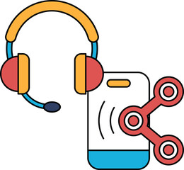 A phone and a headset are shown in a black and white drawing