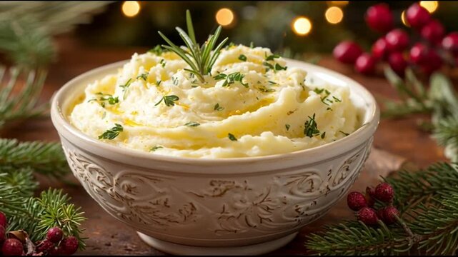 Creamy Mashed Potatoes With Christmas Greenery Around
