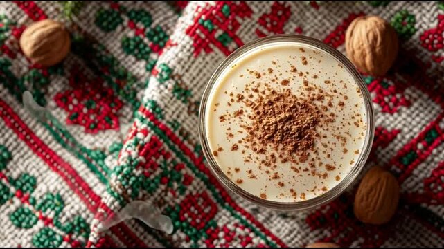 Eggnog Topped With Nutmeg And Christmas Napkin