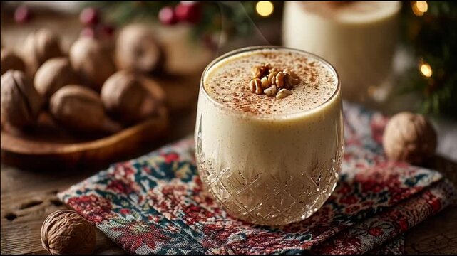 Eggnog Topped With Nutmeg And Christmas Napkin