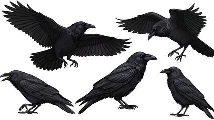 Vector drawing black ravens, crows, dark birds isolated on white background