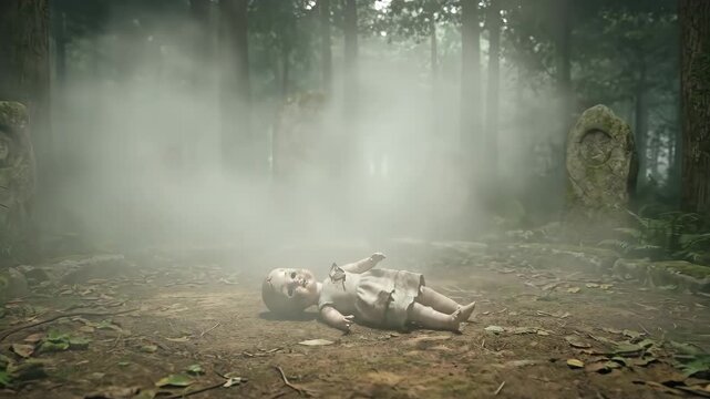 Old doll lying in the center of a moss-covered stone circle with ancient carvings. Surrounded by a dark and misty forest. Creating an eerie ambiance of a mysterious pagan ritual or an abandoned relic