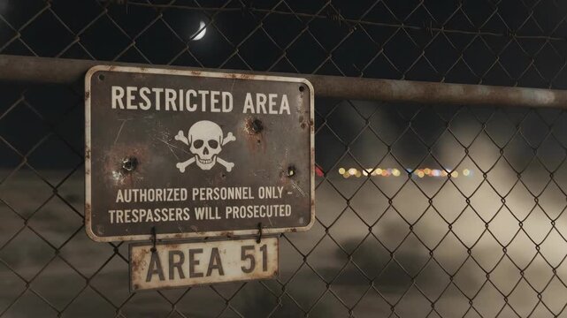 Area 51 restricted military zone sign on chainlink fence at night under crescent moon for conspiracy theory concept
