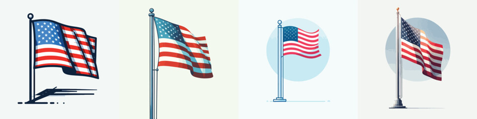 vector set of simple American flag poles on white background
