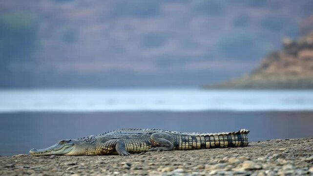 A yacare caiman rests on the riverbank, basking in the sun by the water, this amazing reptile shows its impressive scales up close in its natural habitat.