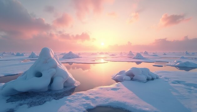 Frozen sea landscape with ice formations under soft pastel sky at sunrise. Water reflects pink and yellow sun. Cold winter scene with snow covered ice floes stretching to horizon.