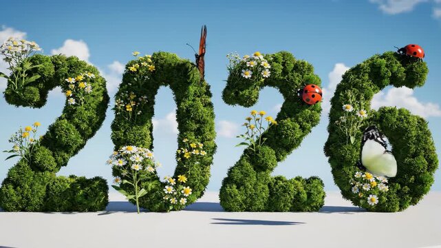 Green moss forming the number 2026. Butterflies and ladybug emerging on eco numerals. Conceptual new year design with nature elements for sustainable future.