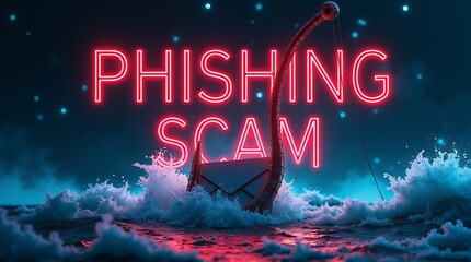A visually striking representation of a phishing scam, featuring a stylized fishing hook and an envelope emerging from turbulent waves.