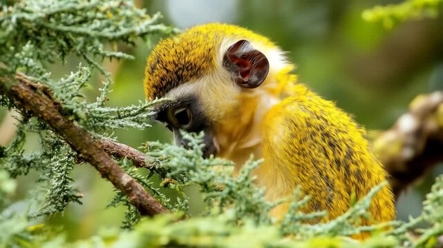 Baby monkey amid greenery. Expressive eyes explore around, revealing wildlife's young innocence.