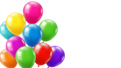 Colorful inflated balloons cluster party decoration isolated on transparent background