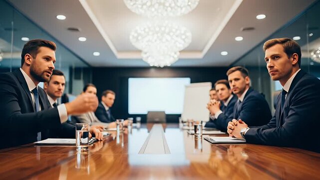 Business professionals engaged in a formal meeting around a conference table in a modern office setting with a large chandelier overhead