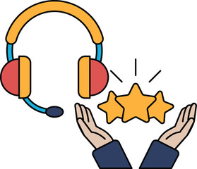 A pair of hands holding up three stars, with a headset in the background