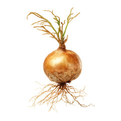 Golden Onion with Roots Isolated on White Background for Food and Cooking Concepts