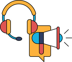 A microphone and a headset are shown in a black and white drawing